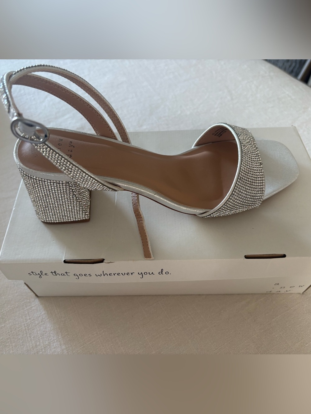 Embellished Silver Block Heel Slingback Sandals